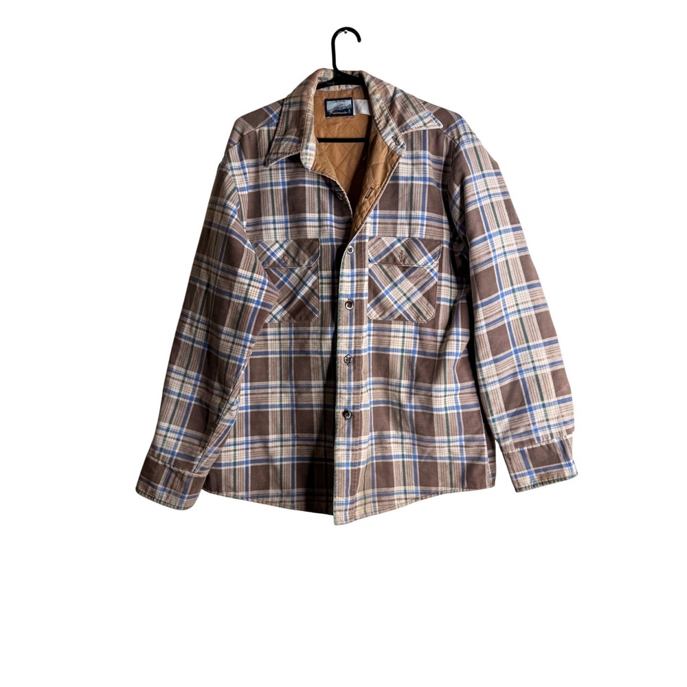 Vtg 70s Sears Fieldmaster Quilted Flannel Shirt Jacket L Brown Plaid Gorpcore